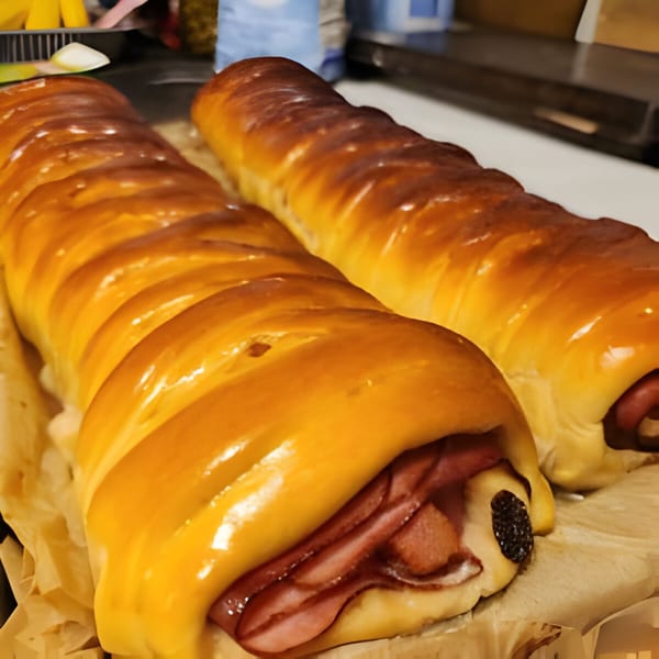 Two golden-brown Venezuelan pan de jamón, filled with ham and raisins, on parchment paper.