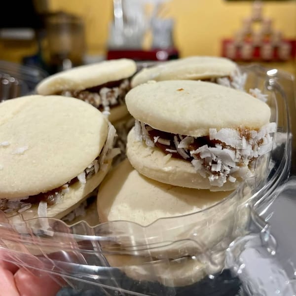 A clear plastic container filled with several round alfajores, dulce de leche, and shredded coconut.